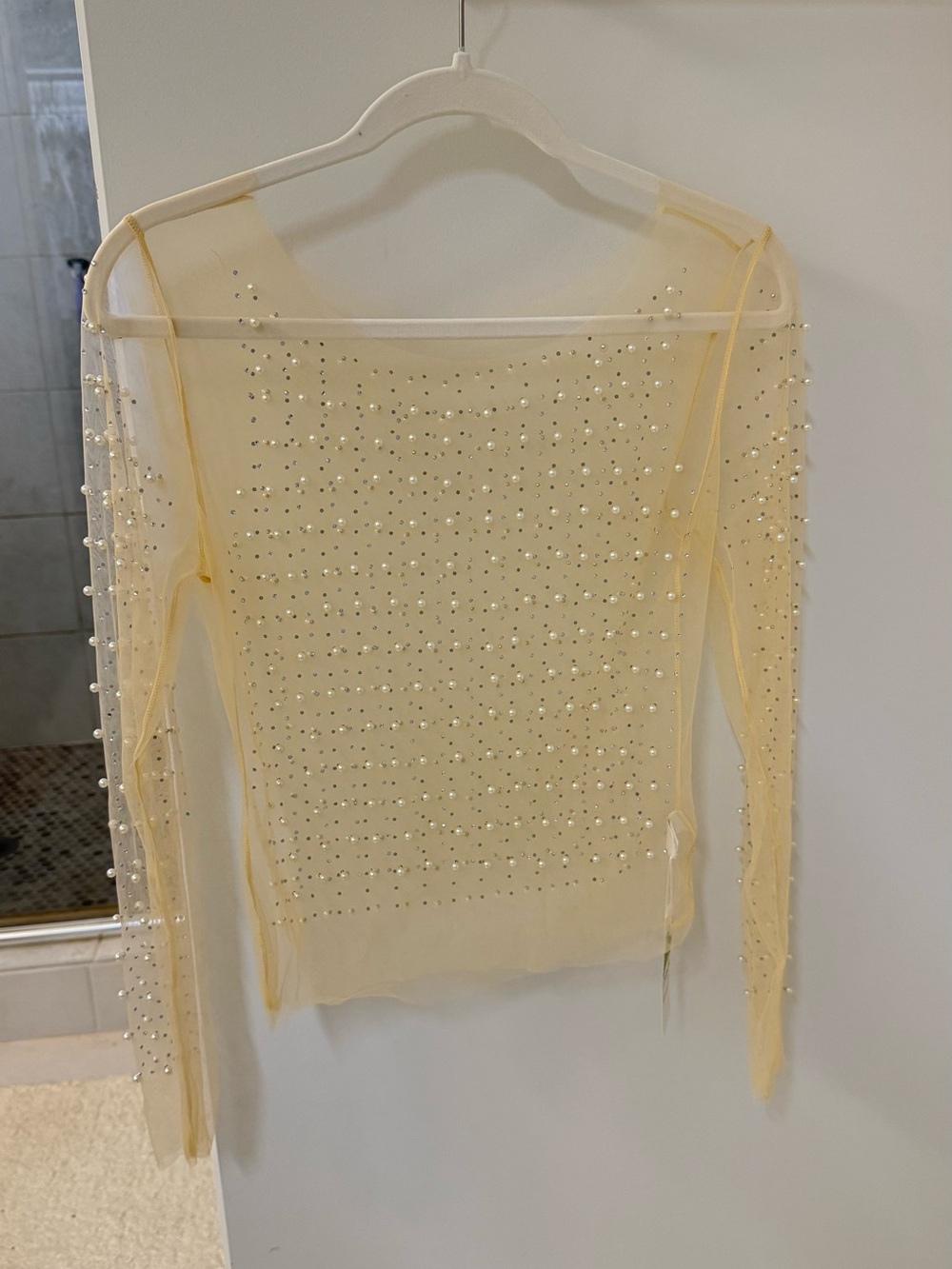 Sheer Beaded Long-Sleeve embellished Top